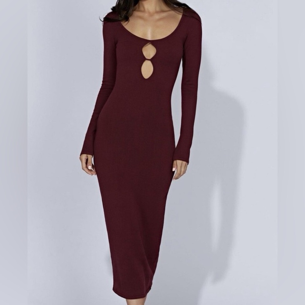 Meshki Burgundy Long Sleeve Midi Dress with Front Cutouts
